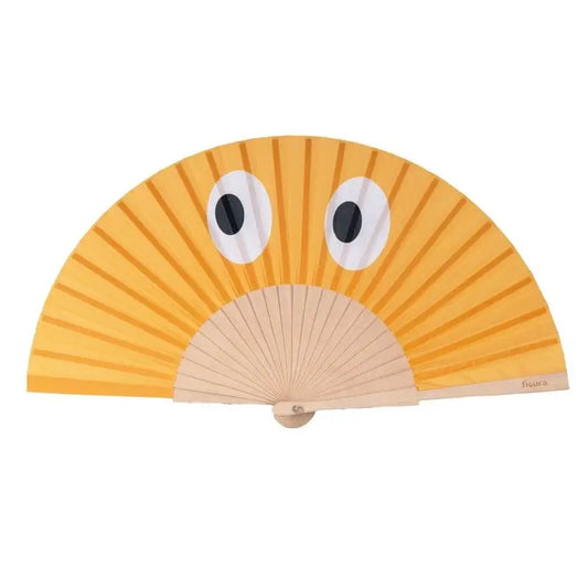 Éventail orange au design hypnotique avec yeux blancs, style unique