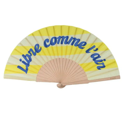Éventail pliable rayé jaune crème avec texte bleu libre comme l’air