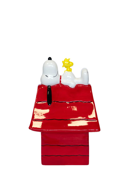 Figurine Snoopy en céramique rouge sur toit avec Woodstock, déco maison humoristique