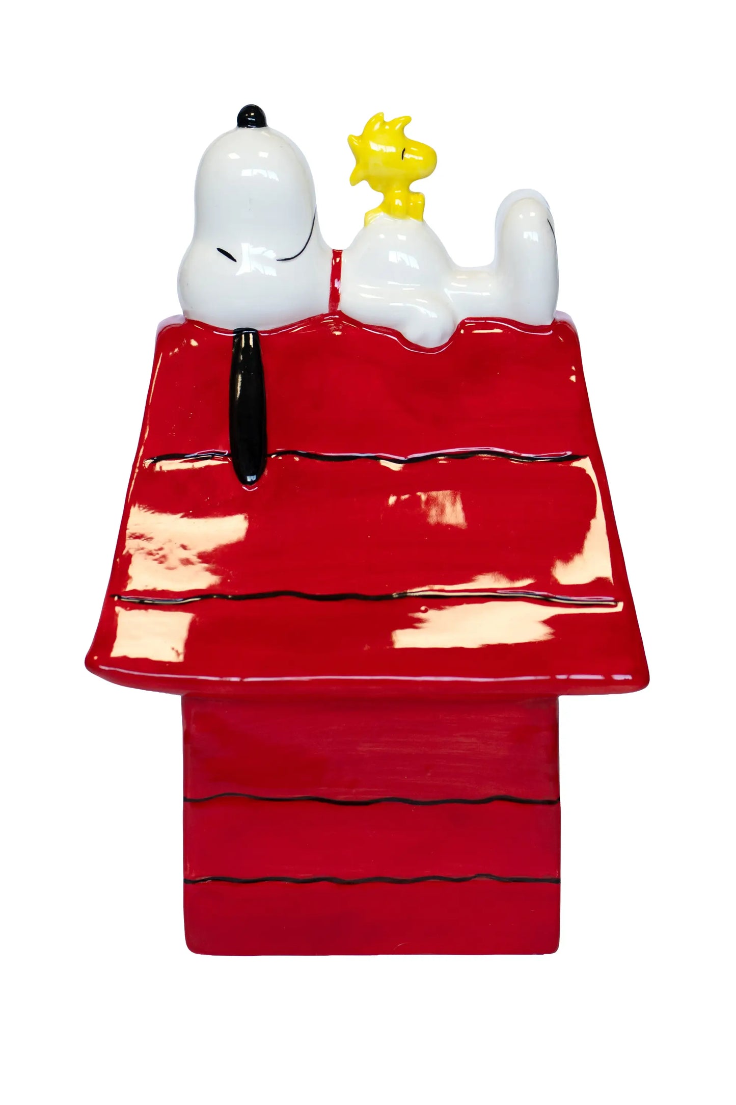 Figurine Snoopy en céramique rouge glossy sur niche, univers Peanuts, 25cm