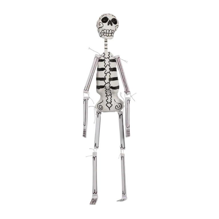 Figurine mexicaine Skeletone squelette blanc orné motifs noirs crâne stylisé
