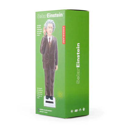 Figurine solaire Einstein en boîte verte, hommage déco avec panneau solaire