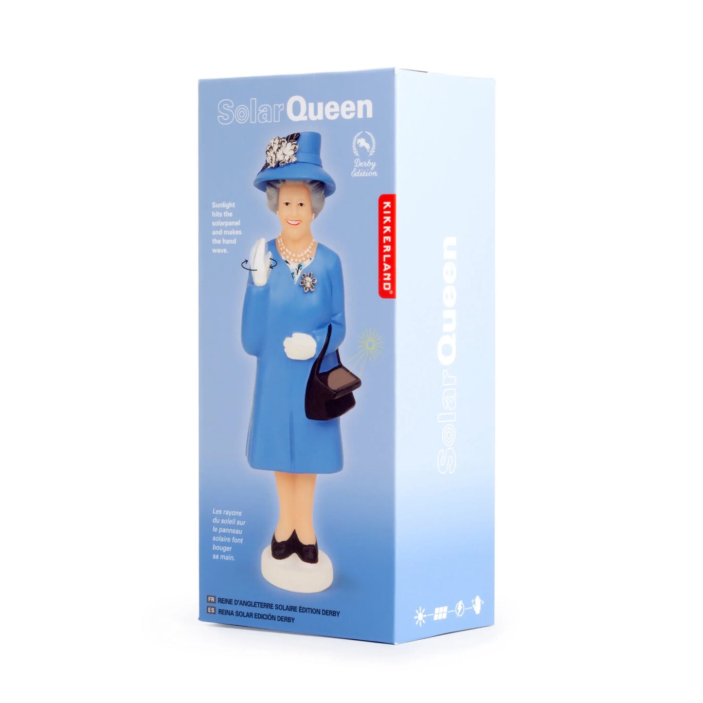 Figurine solaire Queen incarne Reine Elisabeth Derby en plastique bleu