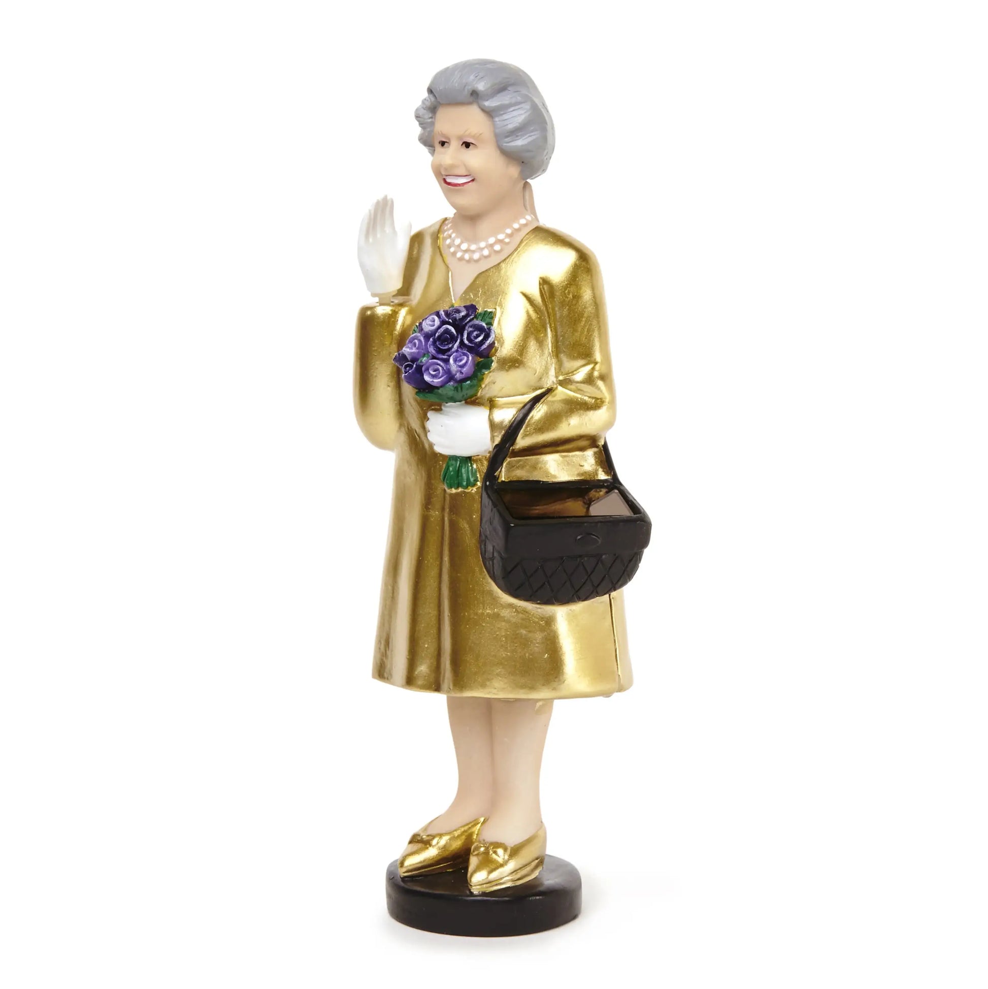 Figurine solaire Queen Elisabeth dorée brillante en résine dorée