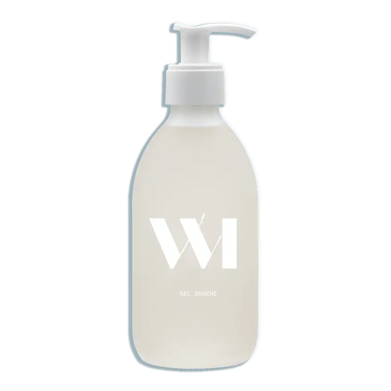 Flacon gel douche rechargeable 290ml en verre blanc givré avec pompe et logo wi minimaliste