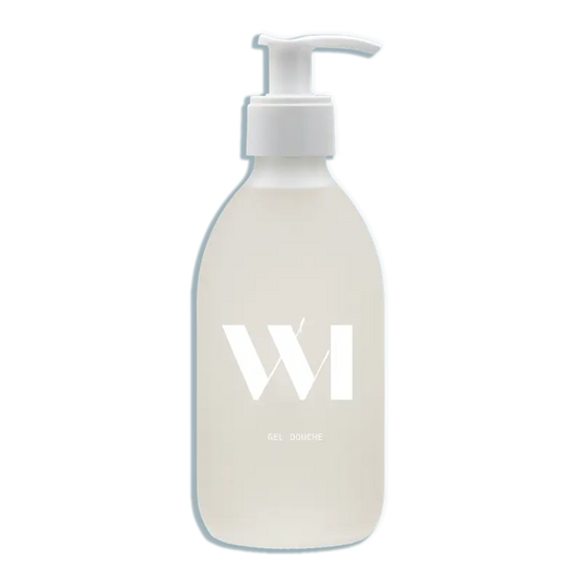 Flacon gel douche rechargeable 290ml en verre blanc givré avec pompe et logo wi minimaliste