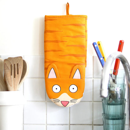Gant de cuisine chat orange à motif rayé, protection thermique et idée cadeau ludique