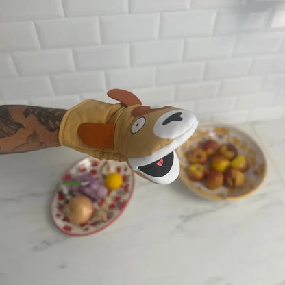 Gant de cuisine chien marionnette cartoon tan et blanc, protection efficace