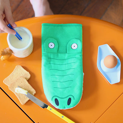 Gant de cuisine crocodile vert en forme d’alligator, protection thermique efficace et esthétique originale