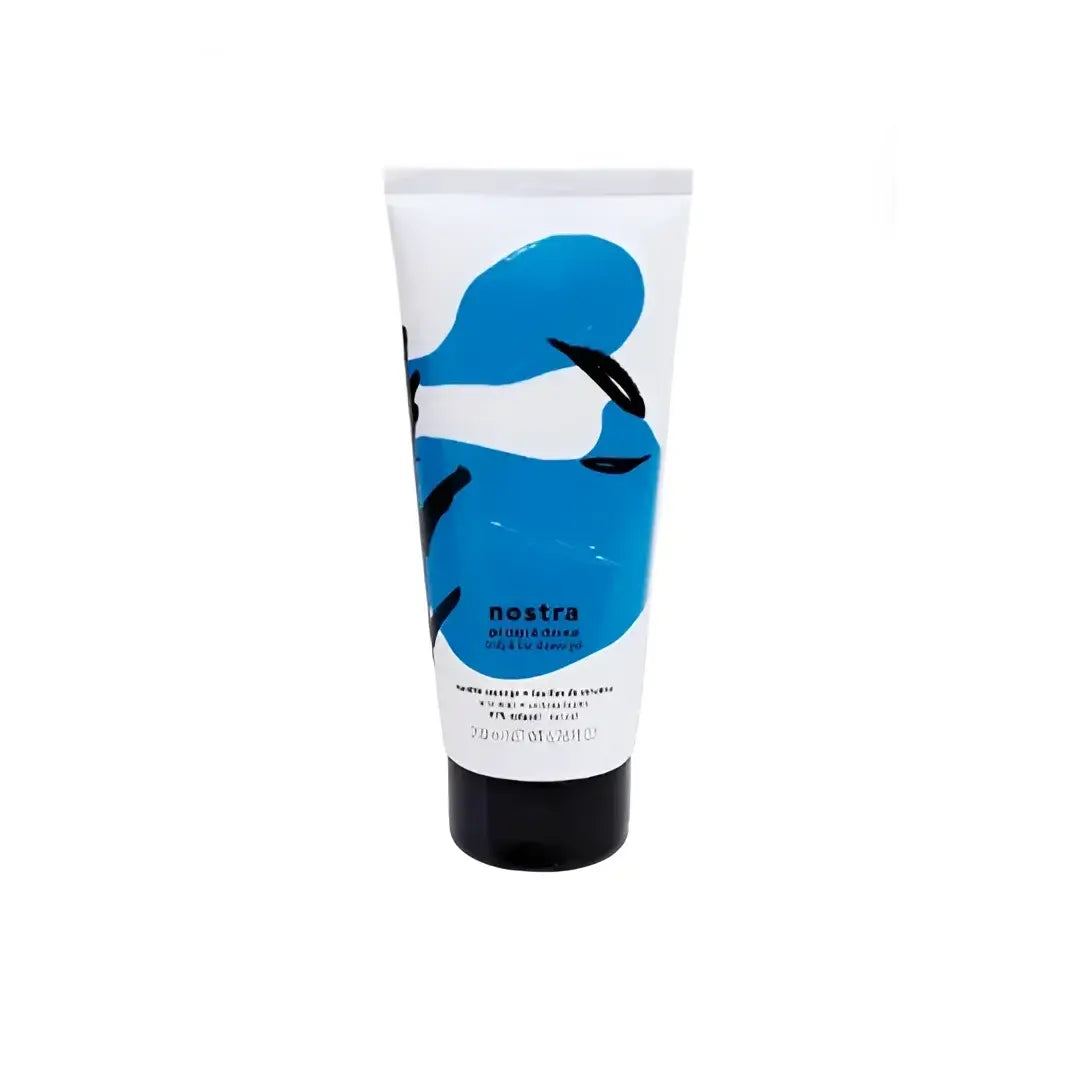 Tube blanc Nostra design abstrait bleu noir, gel corps et cheveux feuilles verveine 70ml parfum frais