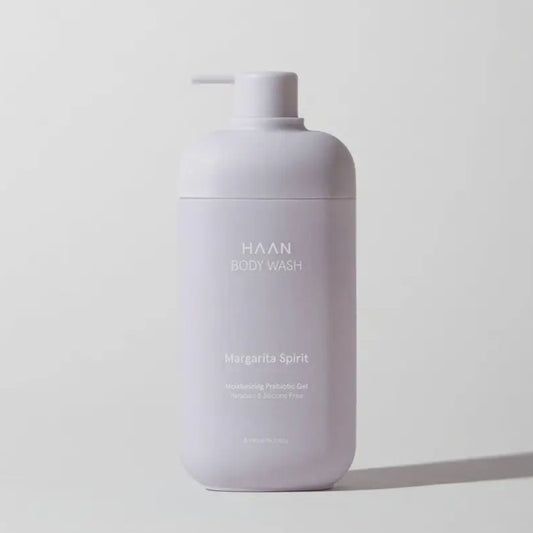 Gel douche hydratant aux probiotiques dans une bouteille violette claire