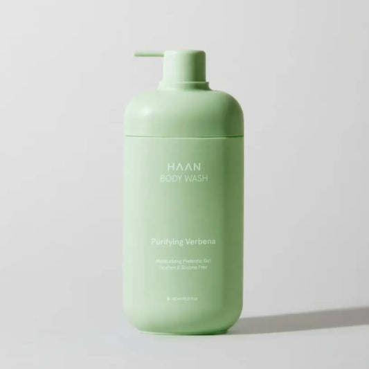 Gel douche hydratant aux probiotiques verveine dans flacon pompe vert clair