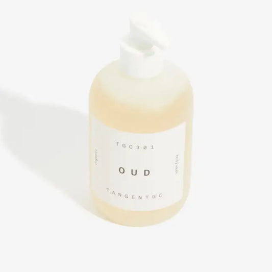 Bouteille de gel douche oud avec pompe blanche, parfum amber, 350 mL