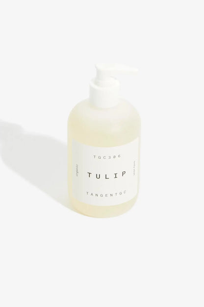 Gel douche bio Tulip 350 mL en flacon pompe blanc avec liquide jaune clair