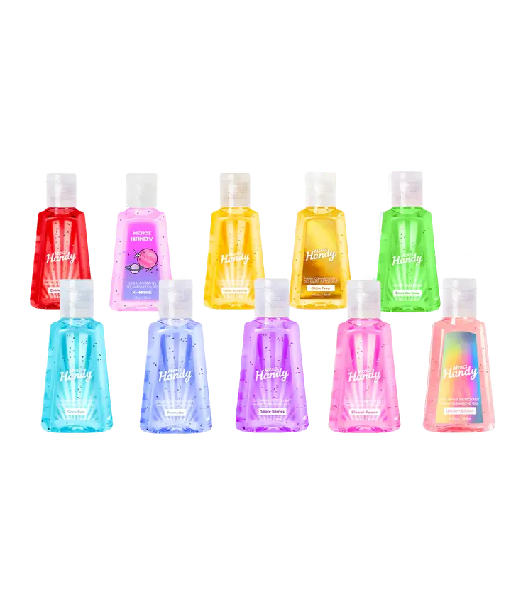 Collection de 10 bouteilles de gel nettoyant main chérie cerise colorées