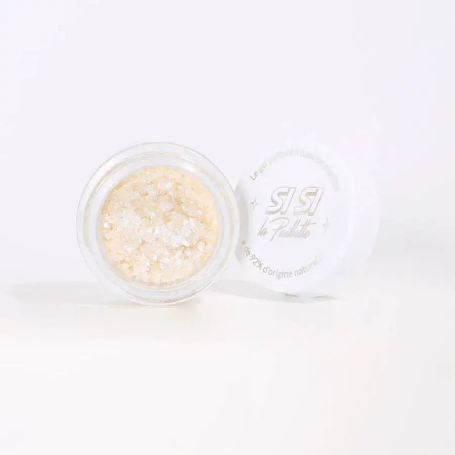 Pot de Gel Pailleté Nuit Blanche ouvert, paillettes cosmétiques naturelles