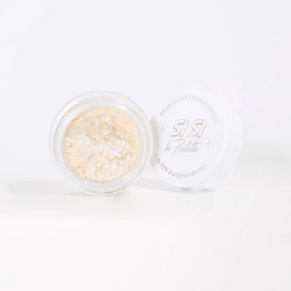 Pot de Gel Pailleté Nuit Blanche ouvert, paillettes cosmétiques naturelles