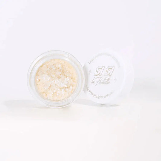 Pot de Gel Pailleté Nuit Blanche ouvert, paillettes cosmétiques naturelles