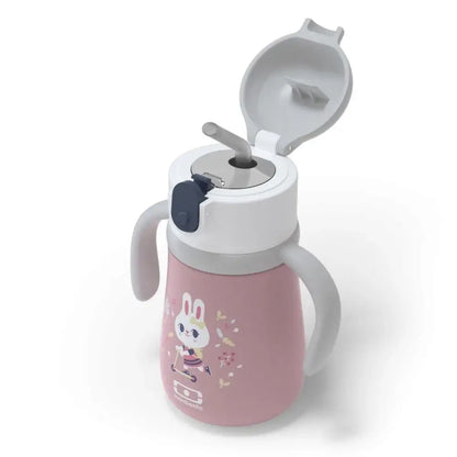 Gourde isotherme enfant rose avec lapin, anses grises et couvercle blanc