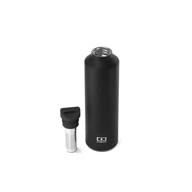 Gourde isotherme noir onyx mat, lid argenté, infuseur intégré, logo Mondelēz