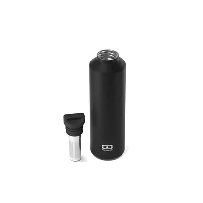 Gourde isotherme noir onyx mat, lid argenté, infuseur intégré, logo Mondelēz