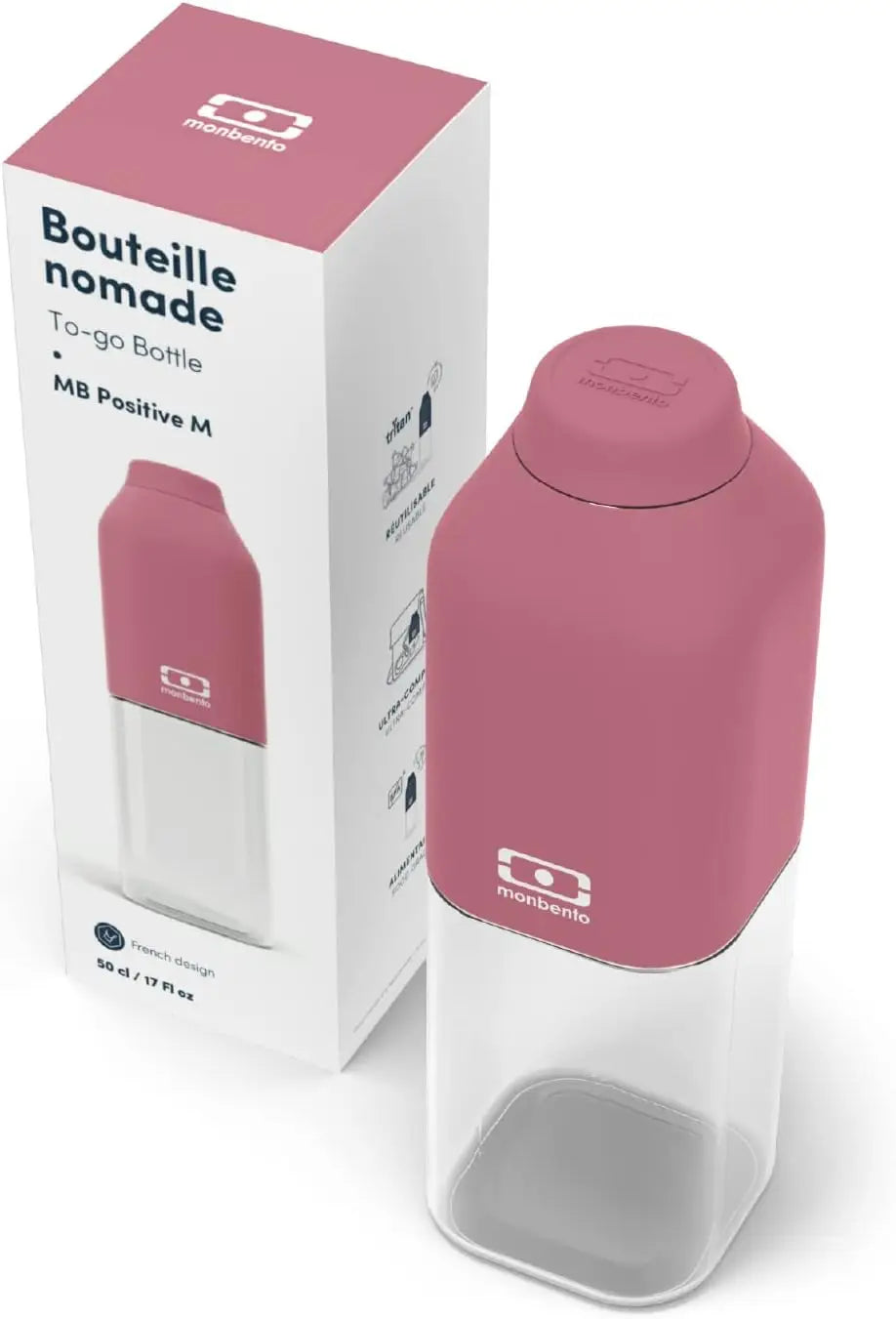 Gourde réutilisable rose blush en verre clair et couvercle silicone mat rose avec logo monbento