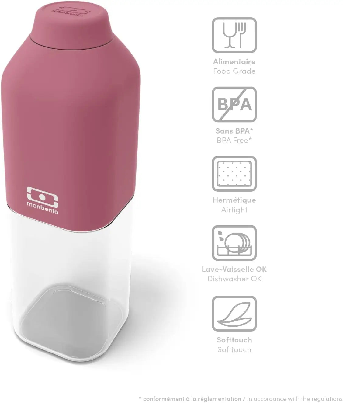 Gourde réutilisable rose blush monbento, top silicone rose mat et base transparente