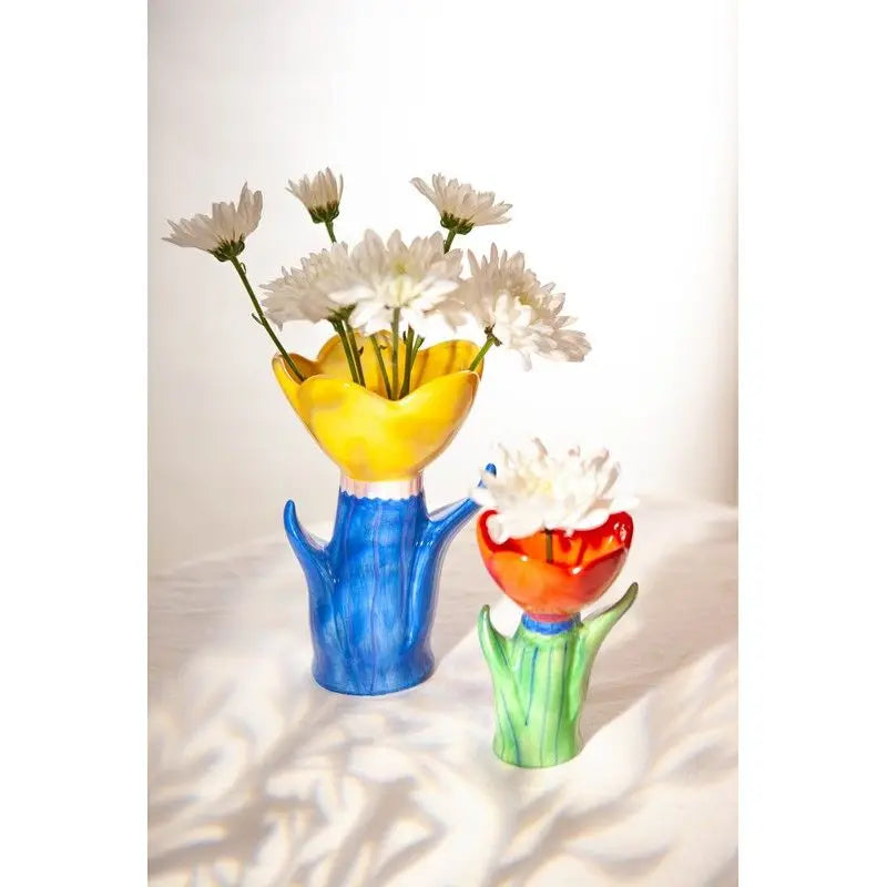 Vase Grand vase fleur en céramique peinte, touche vibrante florale jaune et bleue
