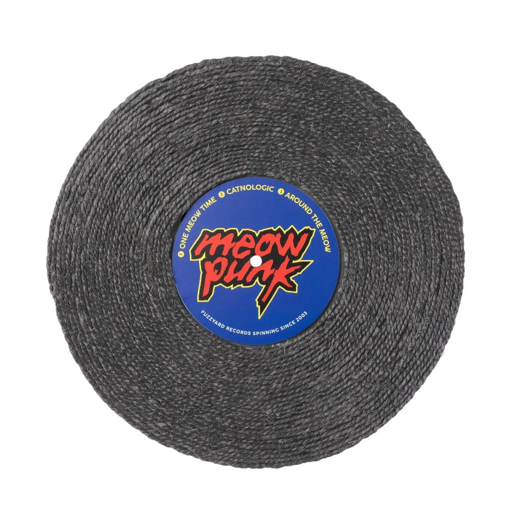 Grattoir Meow Punk : objet déco en forme de vinyle gris texturé avec logo meow punk bleu