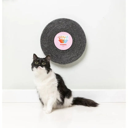 Grattoir Meowly Cyrus gris rond avec label fleurs rose innovant