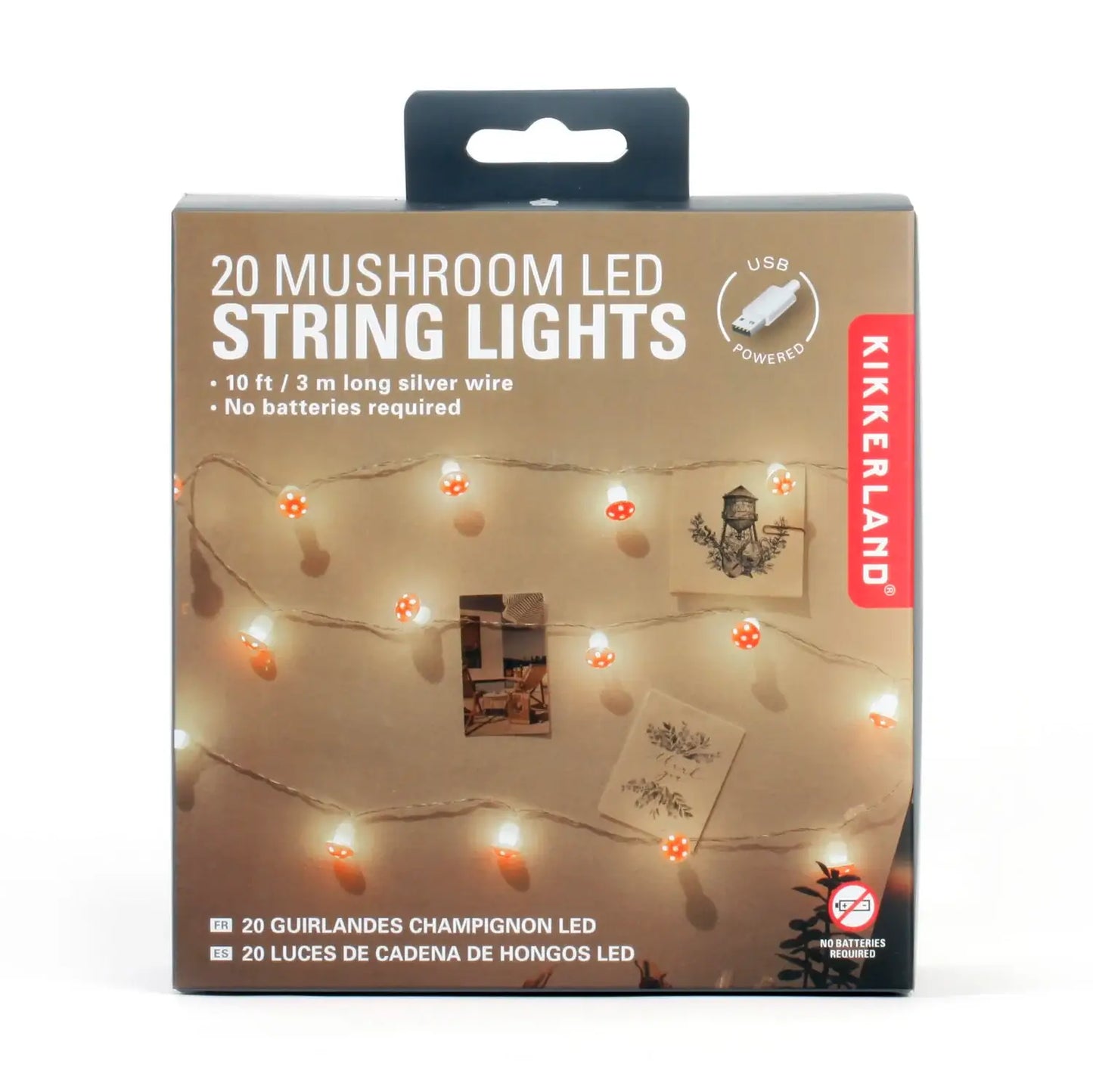 Guirlandes champignons USB de 20 LED, fil argent 3m, USB sans piles
