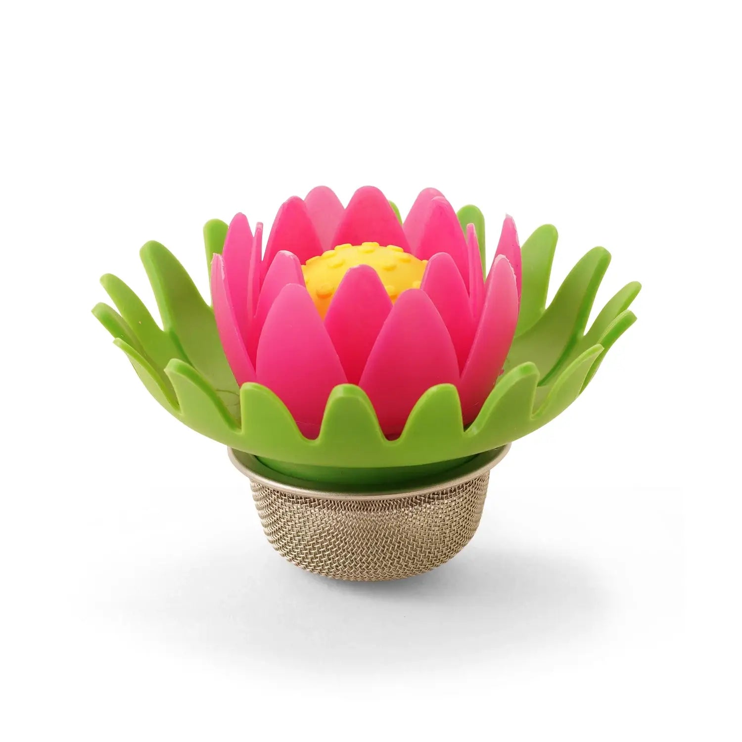Infuseur à thé lotus en silicone vibrant rose et vert, centre jaune, base filet or. Infuseur inspiré, idée cadeau