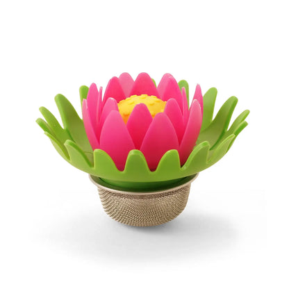Infuseur à thé lotus en silicone vibrant rose et vert, centre jaune, base filet or. Infuseur inspiré, idée cadeau