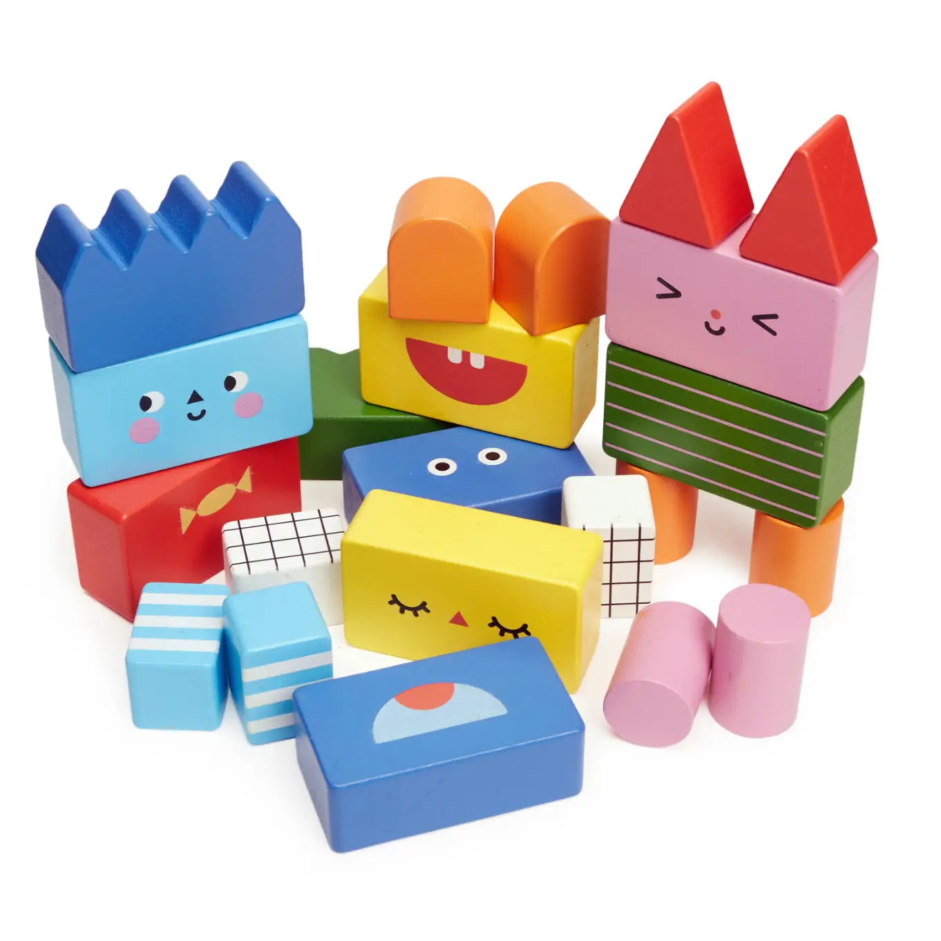 Jeu blocs de construction en bois Kidoki avec visages mignons et designs ludiques pour expérience sensorielle