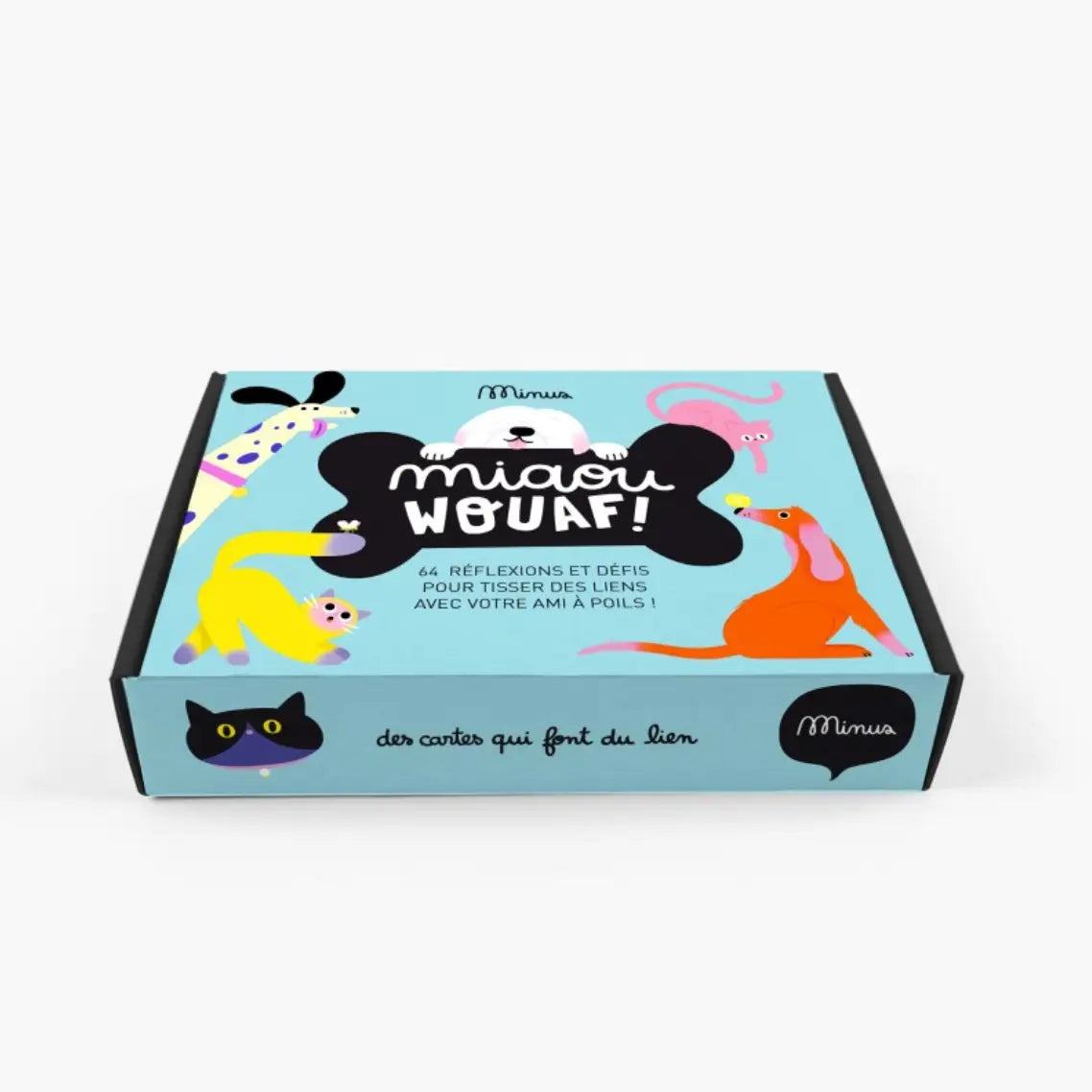Carte Miaou Wouaf : boîte bleue avec animaux colorés, idée cadeau simple jeu