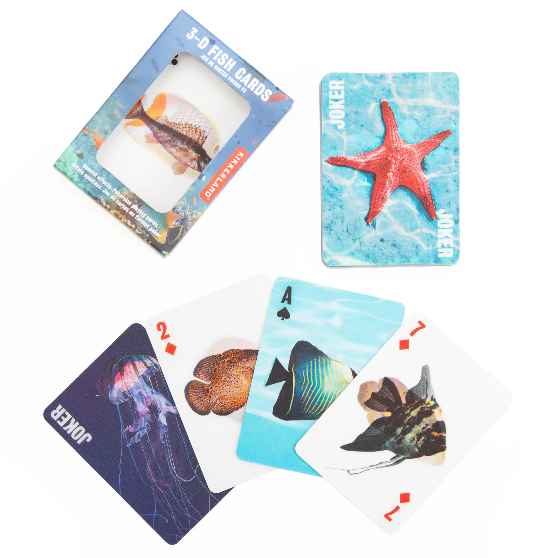 Jeu de cartes 3D Poissons océaniques en emballage bleu-vert compact