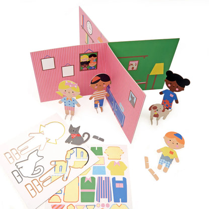 Maison de poupée en papier certifié FSC avec figurines et vêtements, expérience ludique pour motricité fine