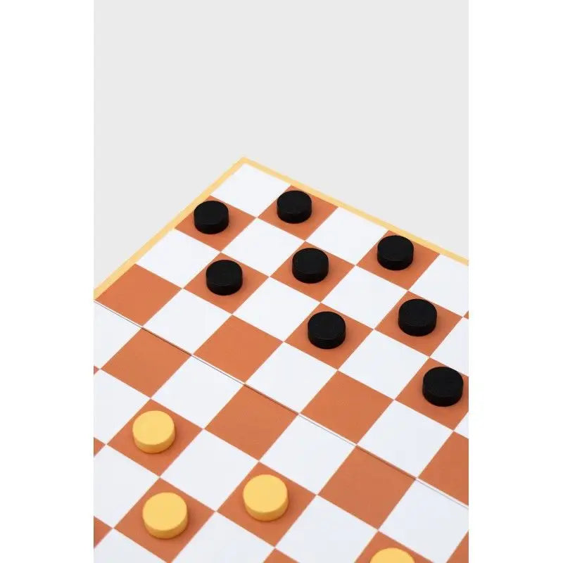 Jeu de Dames: plateau pliable orange et blanc avec pions noir et jaune