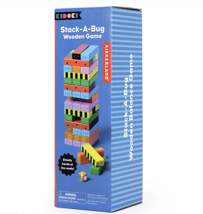 Jeu d’équilibre Stack A Bug avec blocs bois colorés insectes, design naturel chaleureux