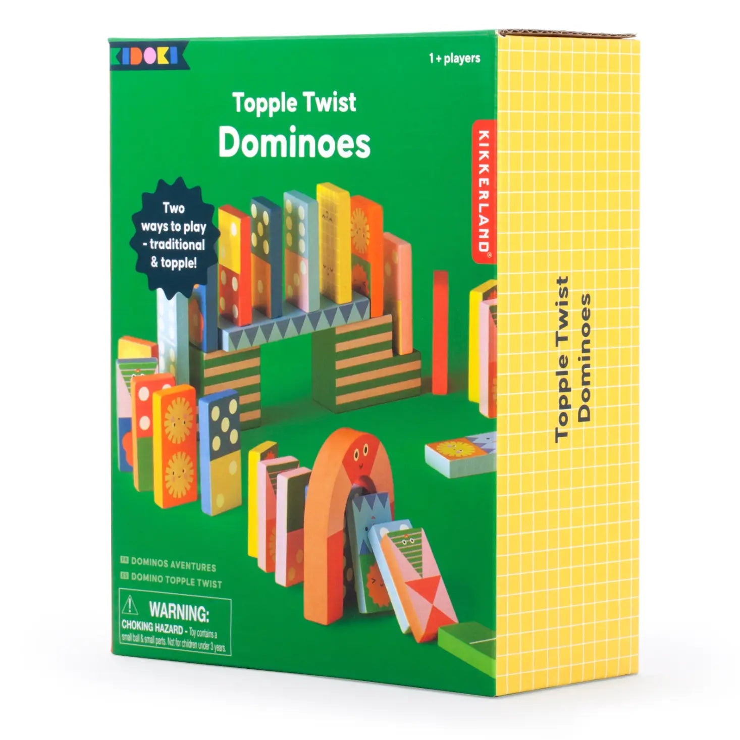 Jeu de domino en bois Kidoki coloré, design naturel en boîte verte et jaune