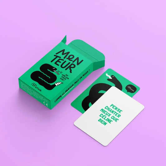Jeu Le Menteur en boîte verte serpent, cartes teal, simplicité d’utilisation