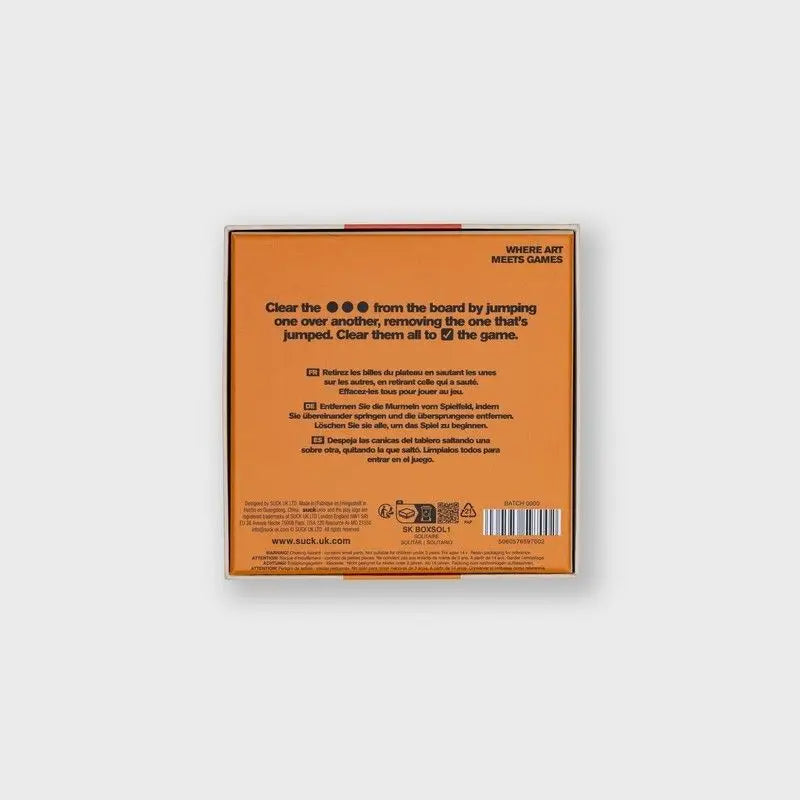 Boîte en carton orange pour Jeu Solitaire avec texte noir et code-barres