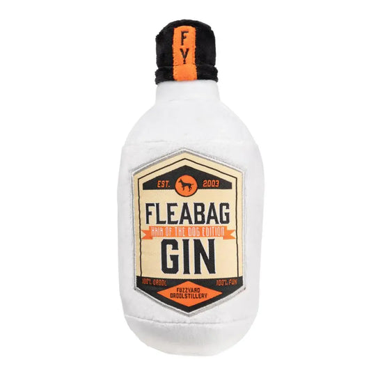 Jouet pour chien bouteille de gin blanc pelucheux, expérience sensorielle idéale