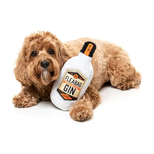 Jouet pour chien bouteille de gin Fleabag blanc en peluche, expérience sensorielle idéale