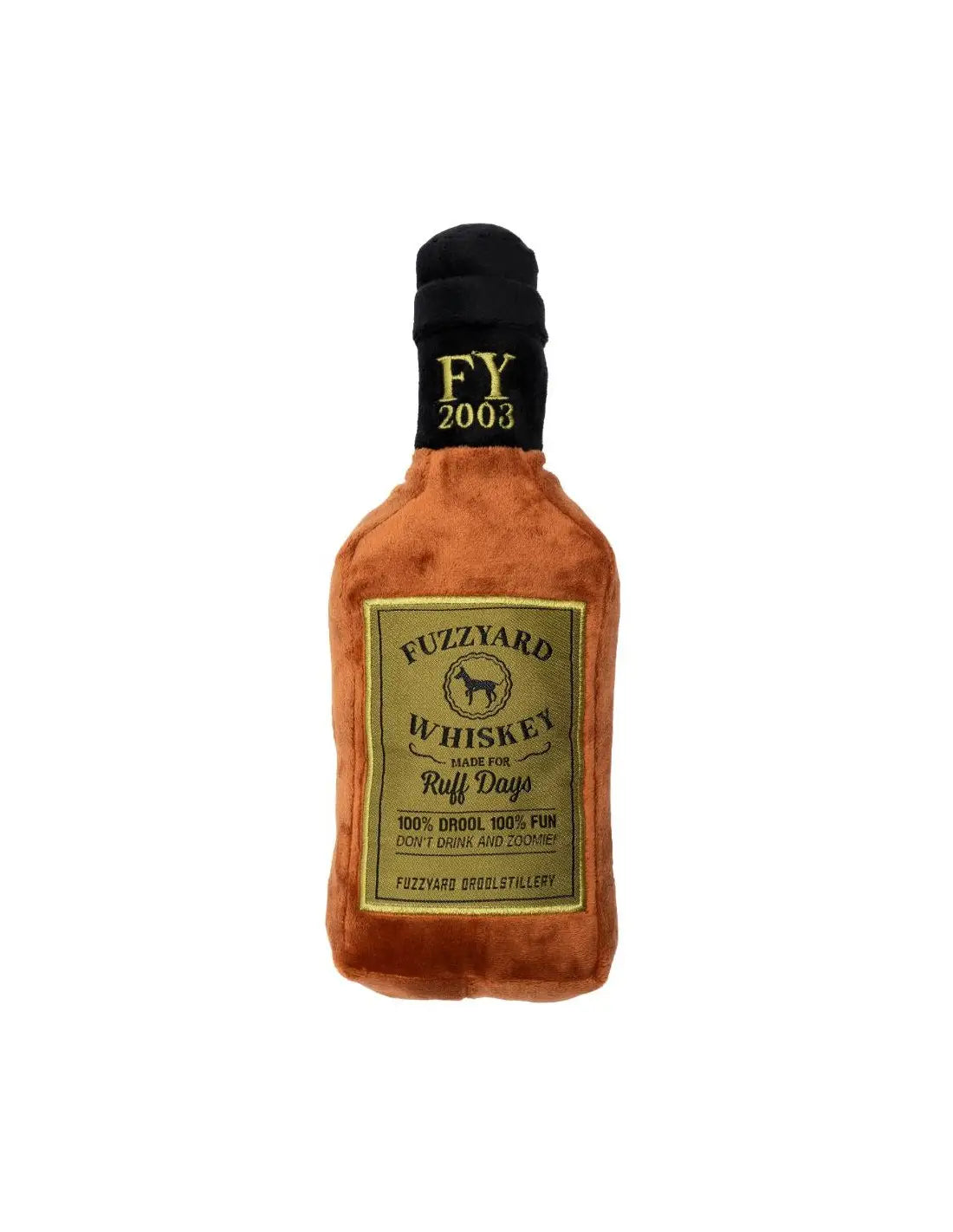 Bouteille de whisky plush orange vintage pour chiens, touche d’humour Fuzzyard