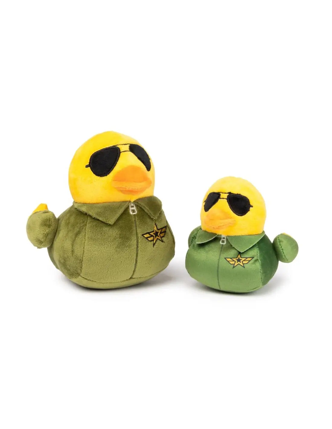 Deux jouets canards en peluche pour chien, en veste pilote verte olive, stimulation sensorielle pour peau sensible
