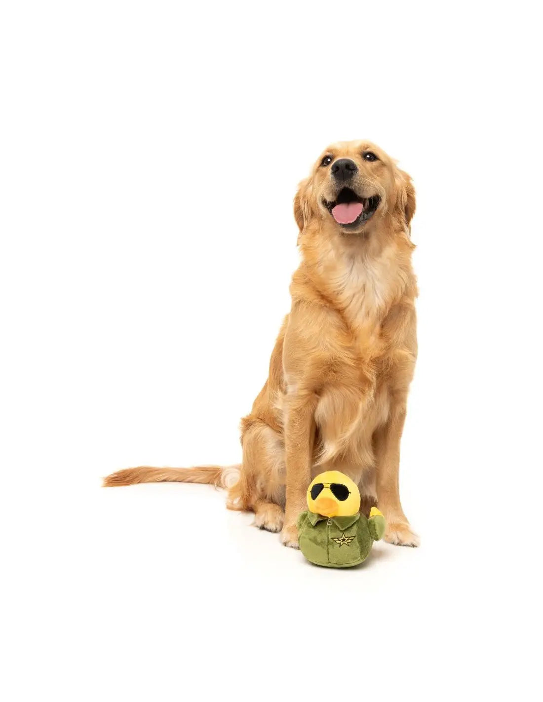 Jouet chien canard jaune en peluche avec lunettes noires et veste verte étoilée