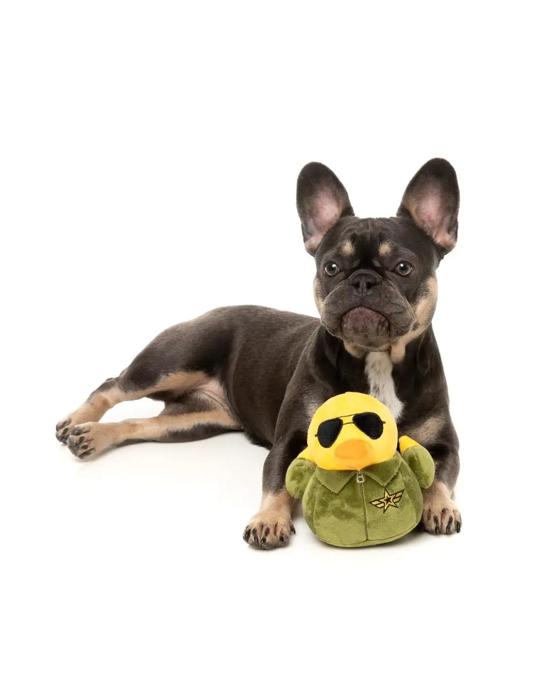 Jouet chien canard jaune en peluche avec lunettes noires et veste verte étoilée