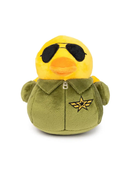 Canard jouet chien en peluche jaune avec lunettes et veste militaire pour stimulation sensorielle