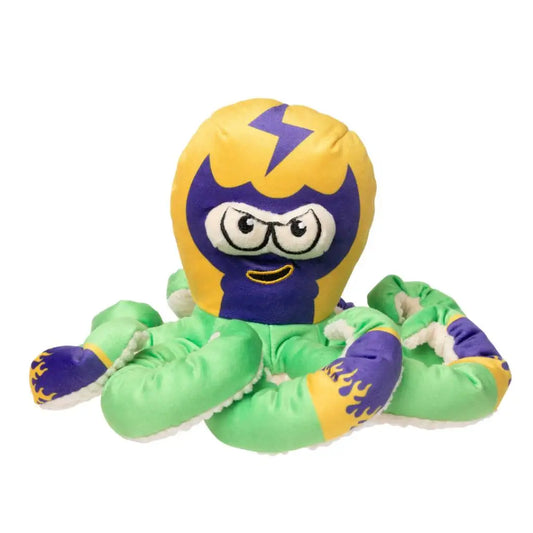 Jouet pour chien poulpe catcheur en peluche jaune et violet, encourage l’activité physique